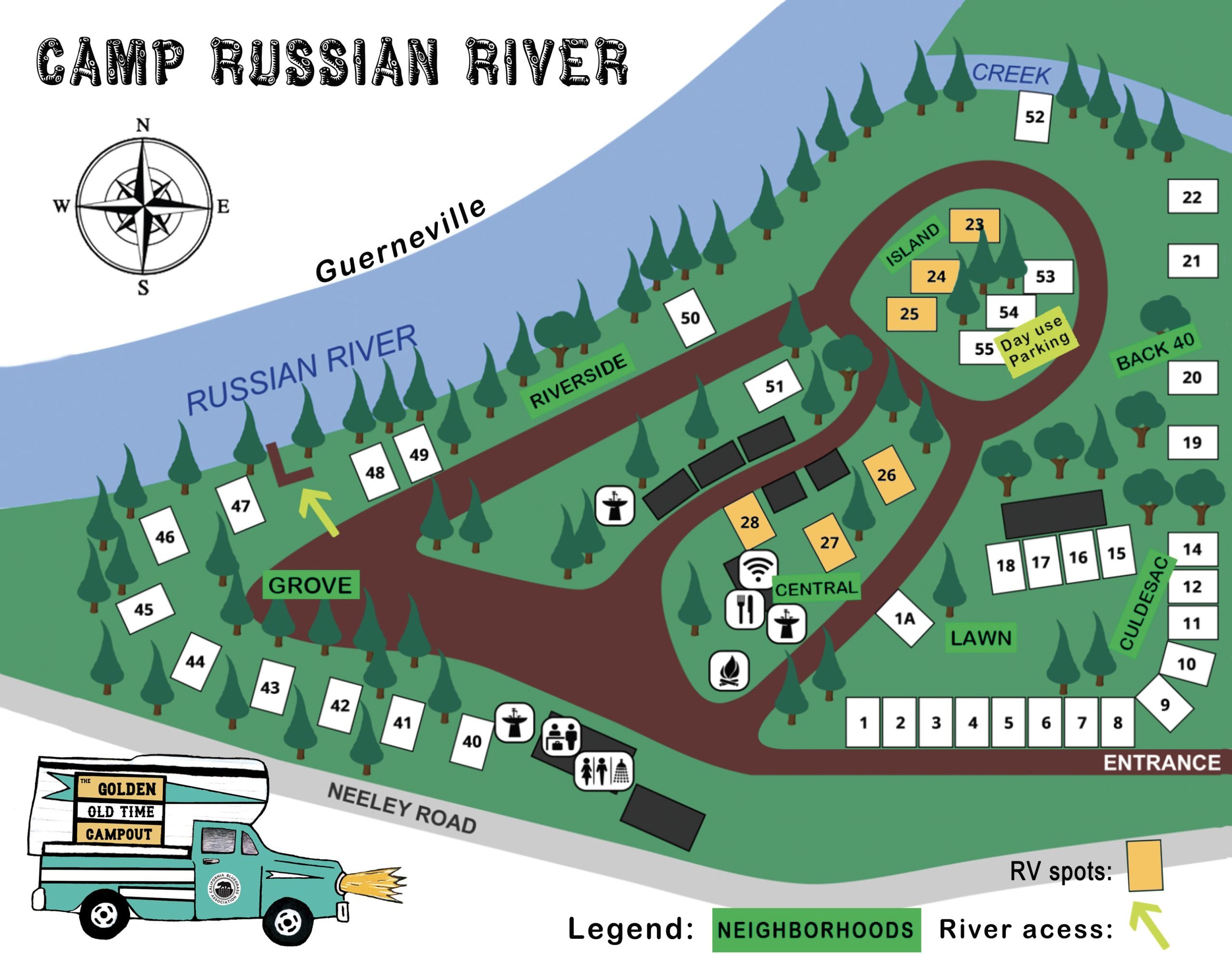Illustrated map of Camp Russian River showing campsites, RV spots, neighborhoods, landmarks, entrance, and river access along the Russian River in Guerneville, CA.