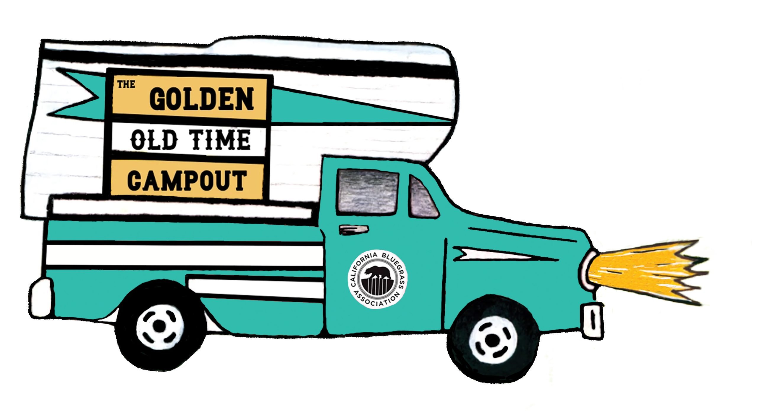 Illustration of a turquoise and white camper truck with a sign reading "The Golden Old Time Campout" and a circular logo on the door.
