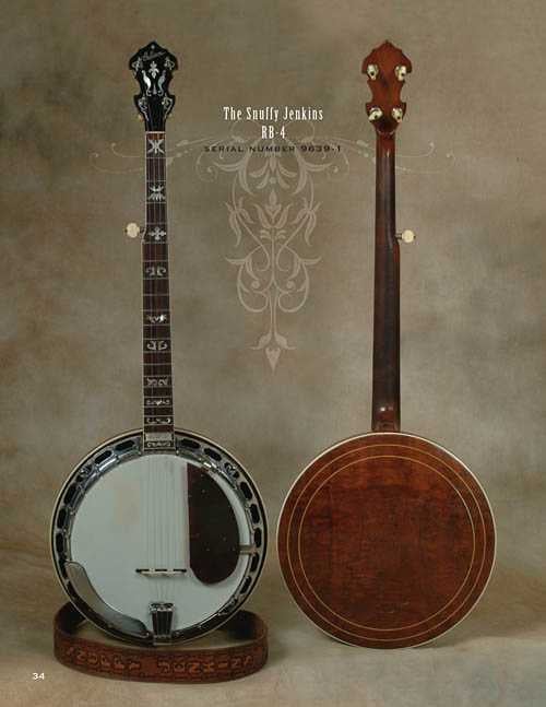 Two views of a Gibson banjo: the front highlights detailed inlays and hardware, while the back displays a rich wooden finish; labeled "The Snuffy Jenkins RB 4.
