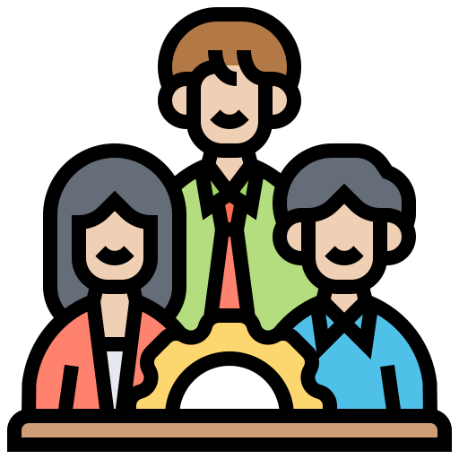 Illustration of three people standing behind a large gear, symbolizing teamwork or collaboration.