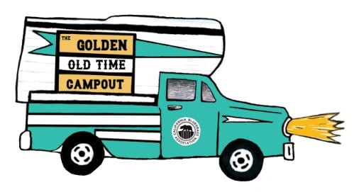 Illustration of a teal camper truck with a banner reading "The Golden Old Time Campout" and a flame coming from the front.