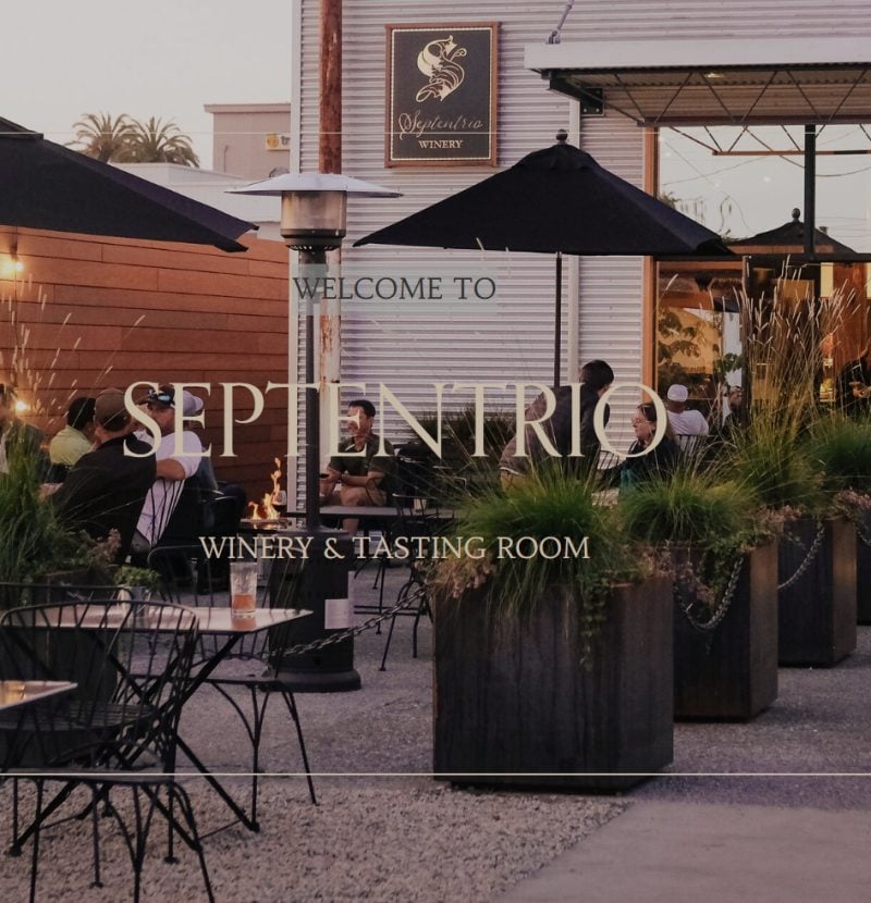 Outdoor seating area at Septentrio Winery & Tasting Room, with people dining under umbrellas and plants in large containers.