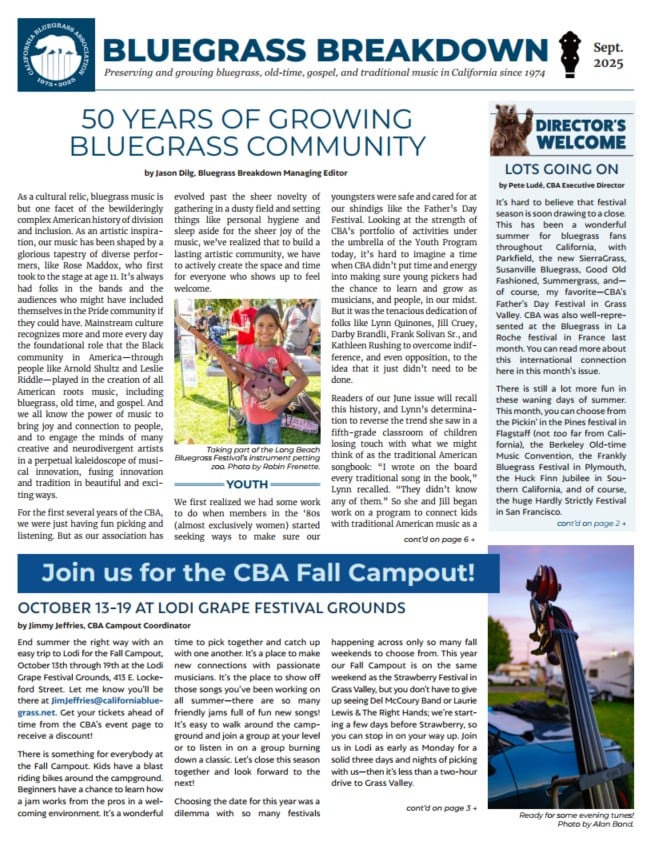 Front page of a newsletter titled "Bluegrass Breakdown," featuring articles on bluegrass music, a campout event, a director's welcome, and a photo of a musician playing outdoors.