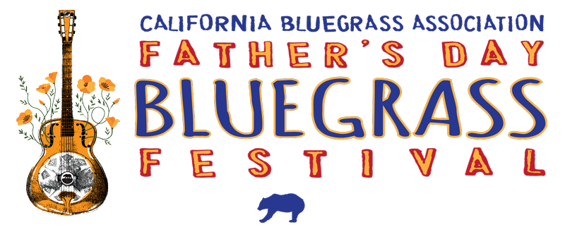 Logo for California Bluegrass Association Father's Day Bluegrass Festival, featuring a decorated banjo, flowers, and a bear silhouette.
