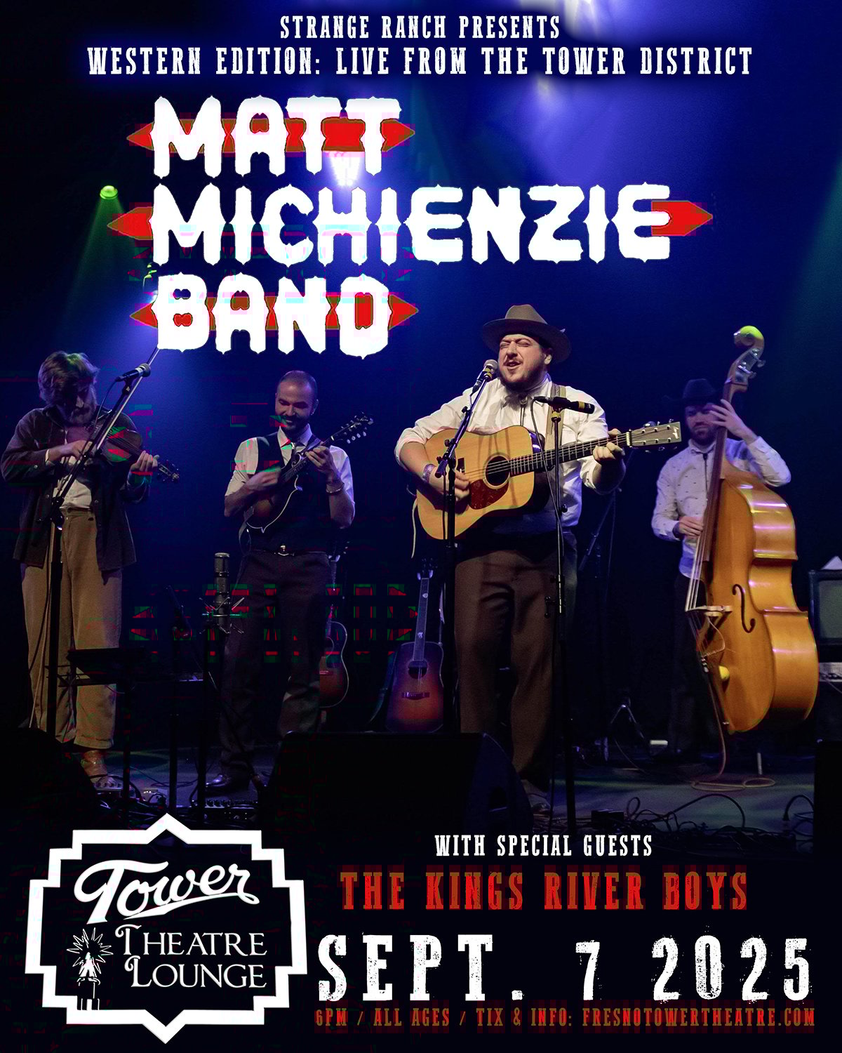 Four musicians perform on stage with string instruments under colorful lights; text promotes a Matt Michienzie Band concert on September 7, 2025, at Tower Theatre Lounge.