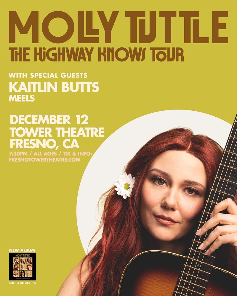 Concert poster for Molly Tuttle's "The Highway Knows Tour" with an image of her holding a guitar, event details, and guest artists listed.