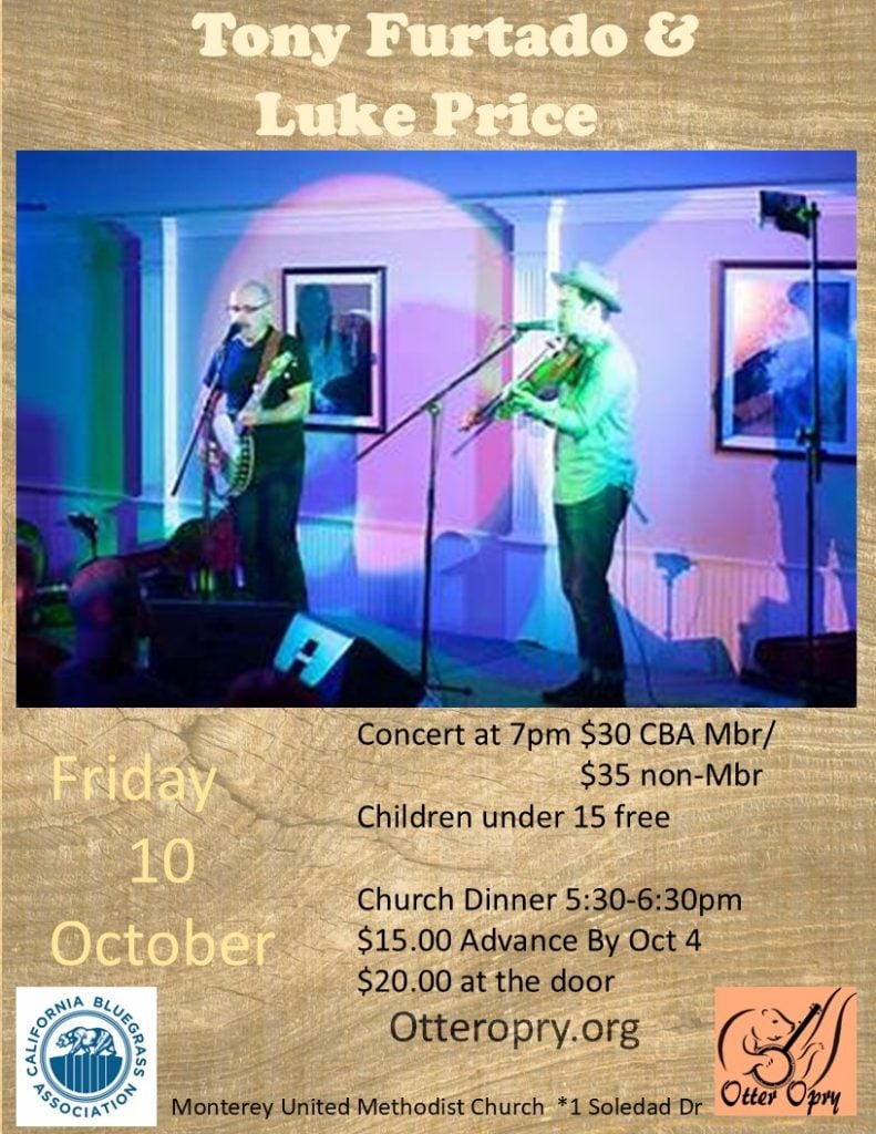 Two musicians perform on stage with guitars and a violin under colorful lights. Event details for a concert featuring Tony Furtado and Luke Price are displayed.