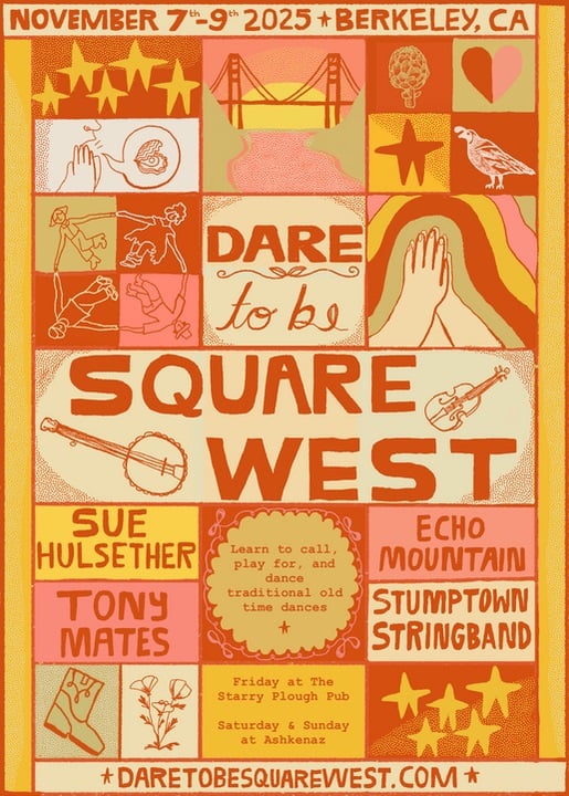 Poster for "Dare to be Square West" event in Berkeley, CA, Nov 7-9, 2025, featuring bands, dance lessons, and event details in orange and yellow tones with illustrated graphics.