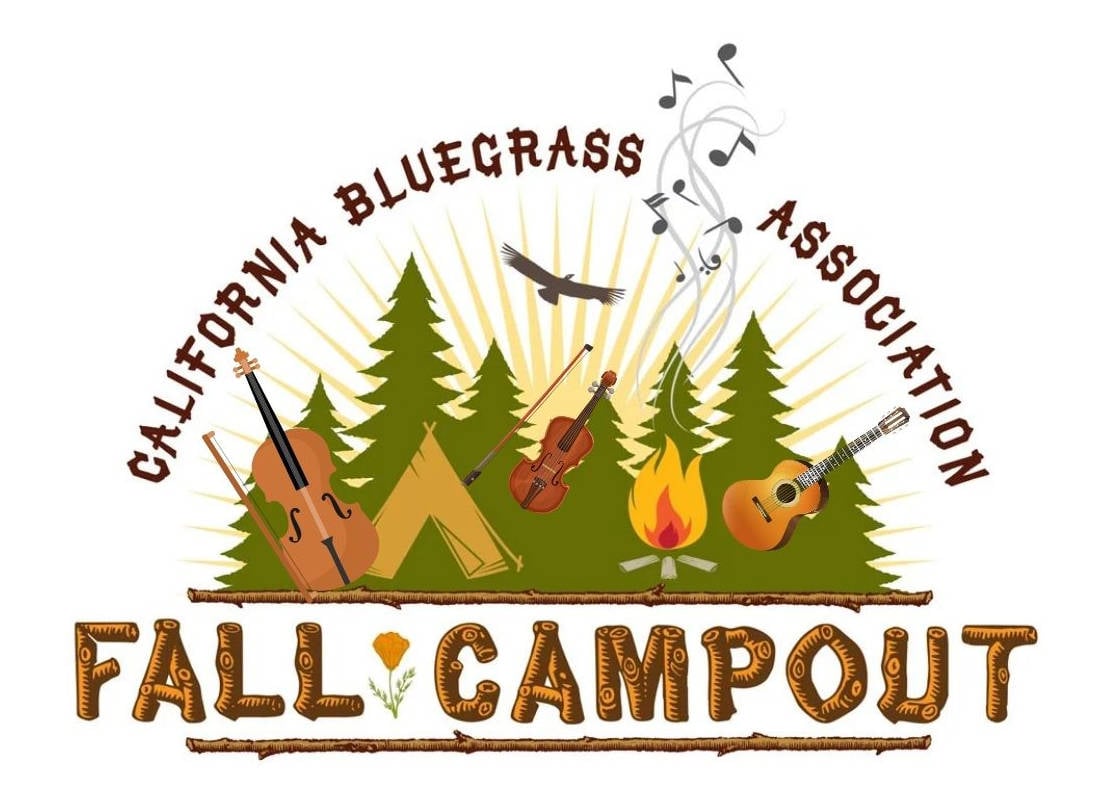 Logo for the California Bluegrass Association Fall Campout, featuring trees, musical instruments, a tent, a campfire, and musical notes.