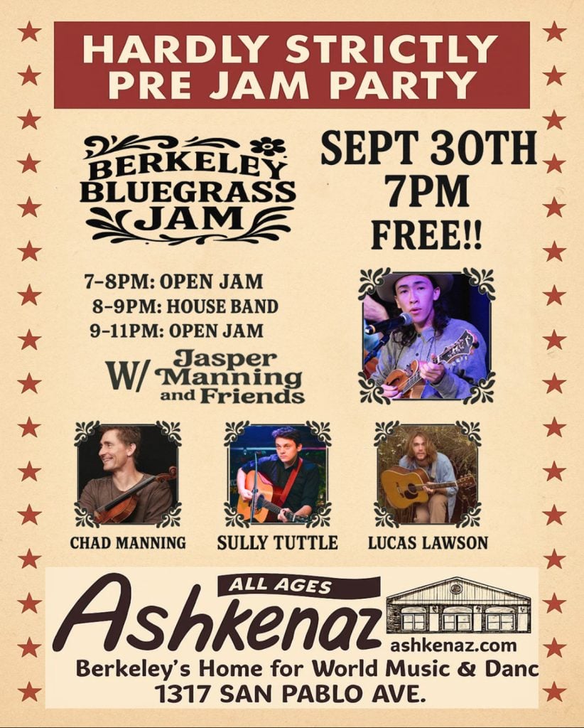 Poster for "Hardly Strictly Pre Jam Party" on Sept 30th, 7 PM, featuring open jam, house band, and live music with Jasper Manning and Friends at Ashkenaz, Berkeley.