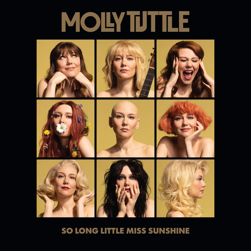 Grid of nine portraits of the same woman, Molly Tuttle, each with a different hairstyle and expression, against a yellow background. Text reads "Molly Tuttle - So Long Little Miss Sunshine.