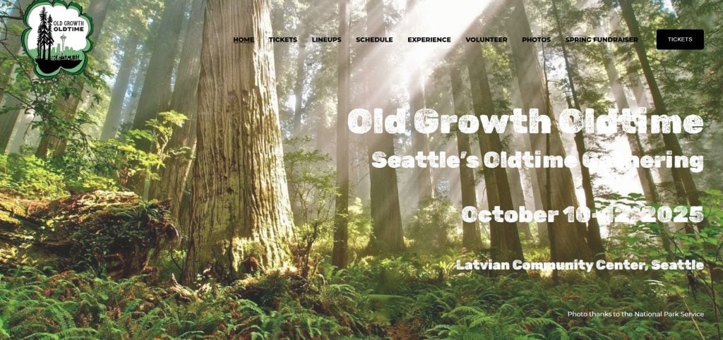 Sunlight streams through tall old-growth trees in a forest, with event details for "Old Growth Oldtime" overlaid, including date and location at the Latvian Community Center, Seattle.