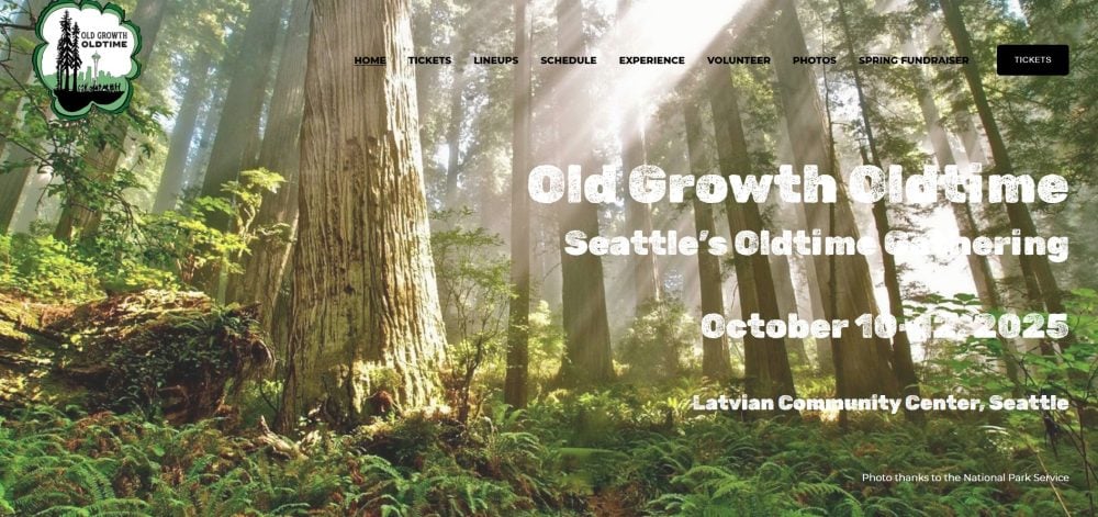 Sunlight streams through tall old-growth trees in a forest, with event details for "Old Growth Oldtime" overlaid, including date and location at the Latvian Community Center, Seattle.