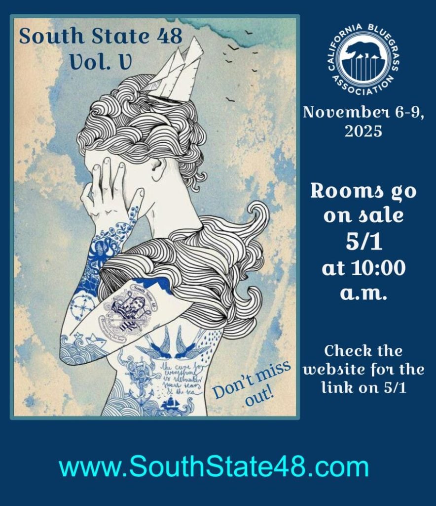 Illustrated poster for South State 48 Vol. V, a bluegrass event on November 6-9, 2025. Rooms go on sale May 1 at 10 a.m. Event and ticket info at www.SouthState48.com.