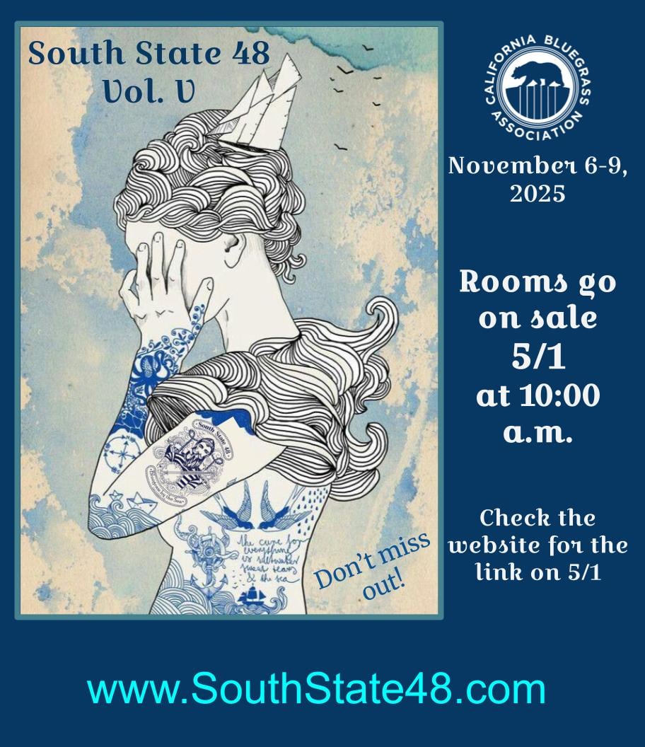Illustrated poster for South State 48 Vol. V, a bluegrass event on November 6-9, 2025. Rooms go on sale May 1 at 10 a.m. Event and ticket info at www.SouthState48.com.