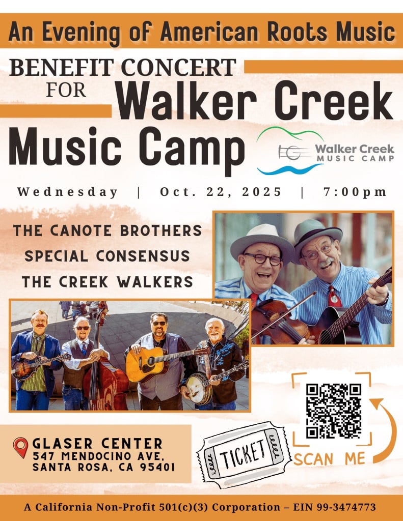 Poster for a benefit concert for Walker Creek Music Camp on Oct. 22, 2025, at Glaser Center, Santa Rosa, featuring The Canote Brothers, Special Consensus, and The Creek Walkers.