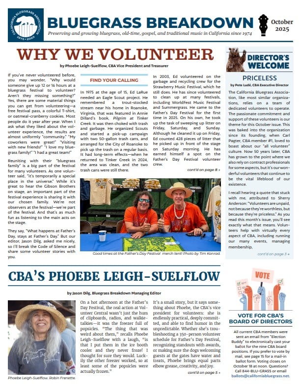 Front page of a newsletter featuring articles about volunteering, a director's message, CBA board election info, and photos of volunteers at an outdoor event.