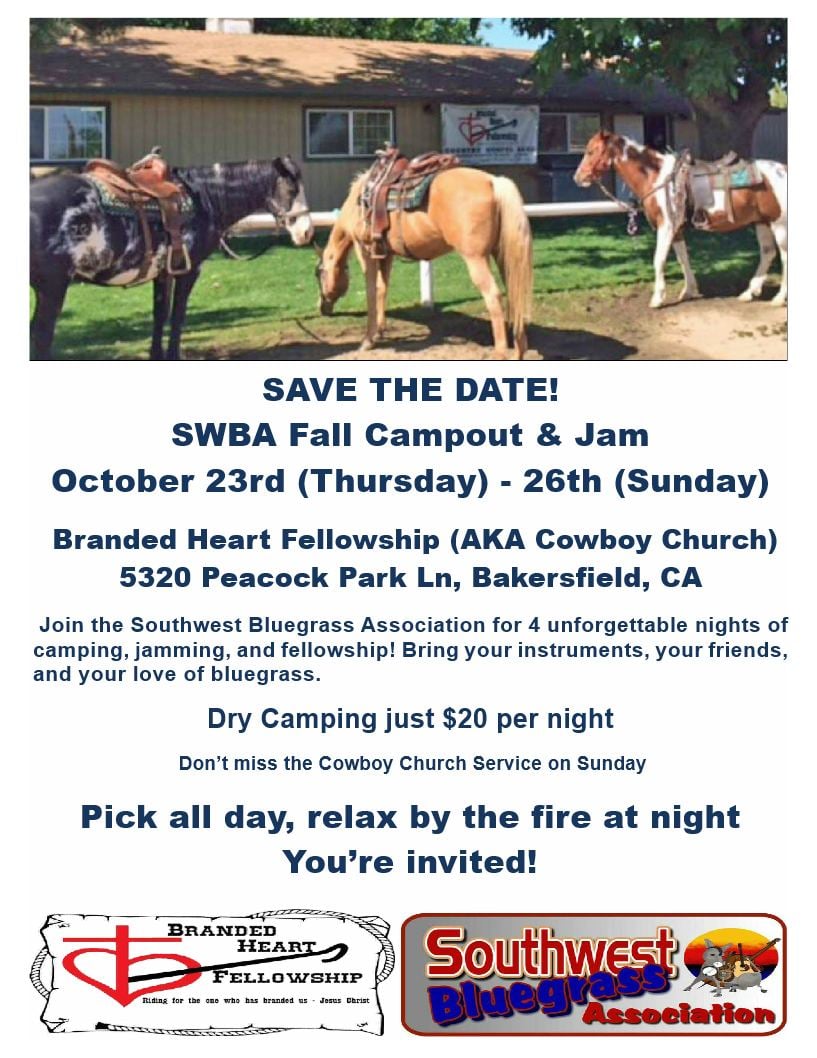 Flyer for the SWBA Fall Campout & Jam, October 23-26 at Branded Heart Fellowship in Bakersfield, CA. Includes event details, camping info, and organization logos.