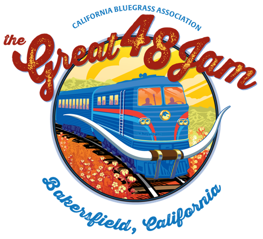 A blue and red train with a white longhorn on the front travels through a field of flowers; text reads "The Great 48 Jam, Bakersfield, California, California Bluegrass Association.