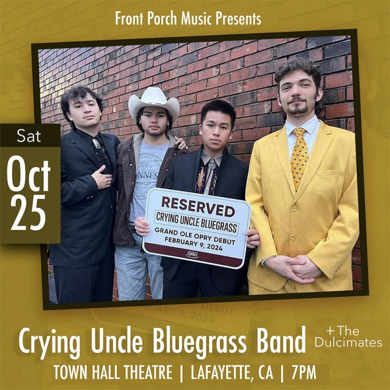Four young men, one holding a sign about a Grand Ole Opry debut, stand together in formal attire. Event details for Crying Uncle Bluegrass Band concert shown around the image.