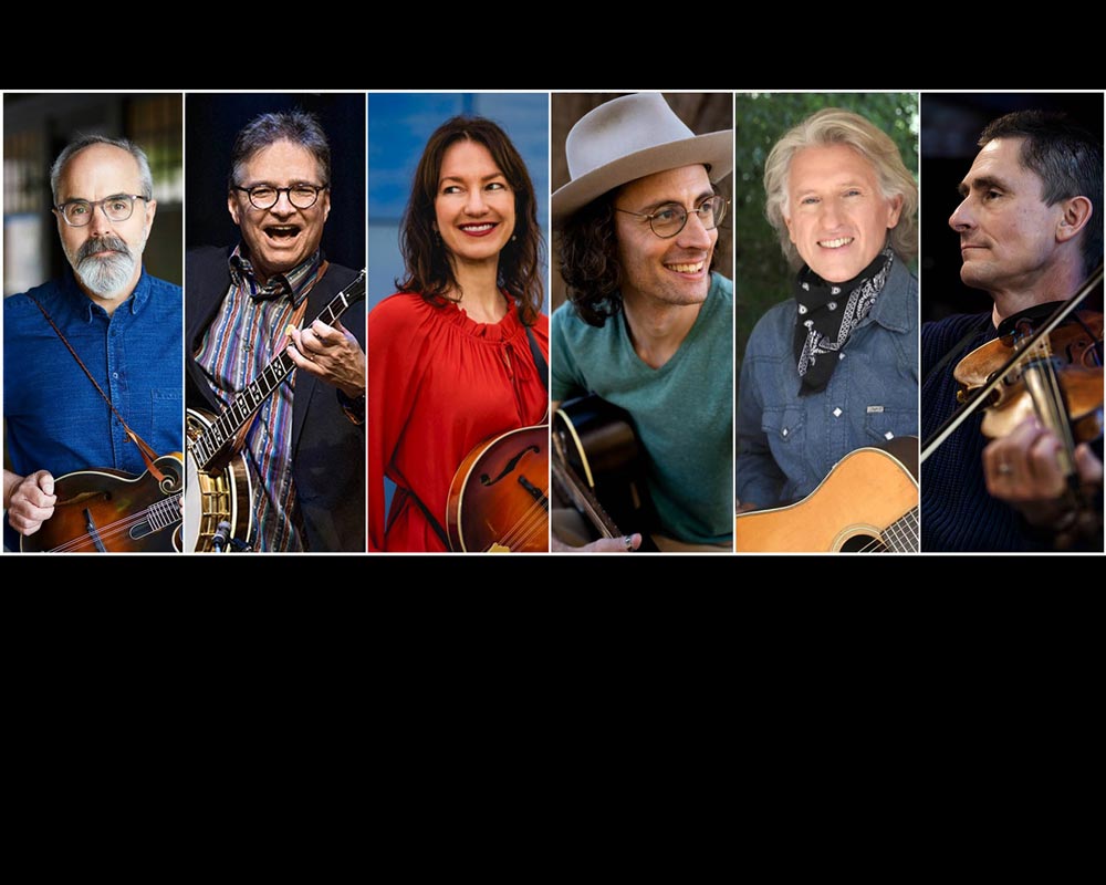 California-Bluegrass-Reunion_web Six musicians pose with their instruments, including mandolins, banjos, and guitars, against different backgrounds in individual portrait-style photos arranged side by side.