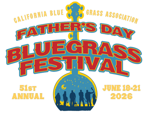 Poster for the 51st Annual Father's Day Bluegrass Festival, June 18-21, 2026, hosted by the California Bluegrass Association, featuring a silhouette of a band and a large banjo.
