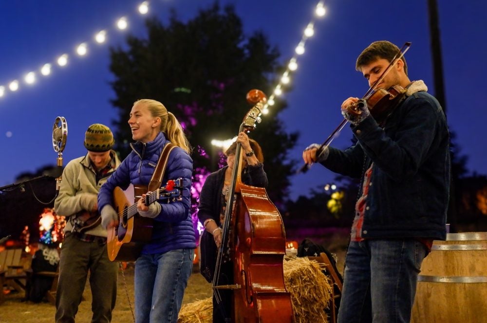 TRC-image.jpg A four-piece band performs outdoors at dusk, playing guitar, banjo, upright bass, and violin under string lights.