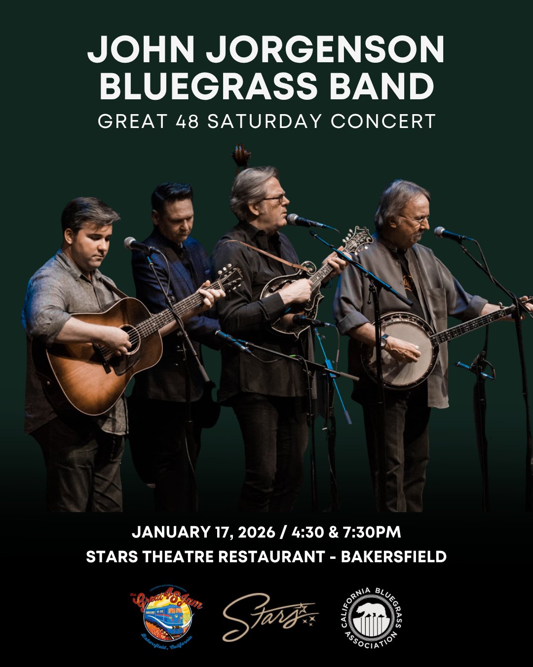 Four musicians from the John Jorgenson Bluegrass Band perform on stage with instruments. Concert details and logos appear at the bottom of the image.