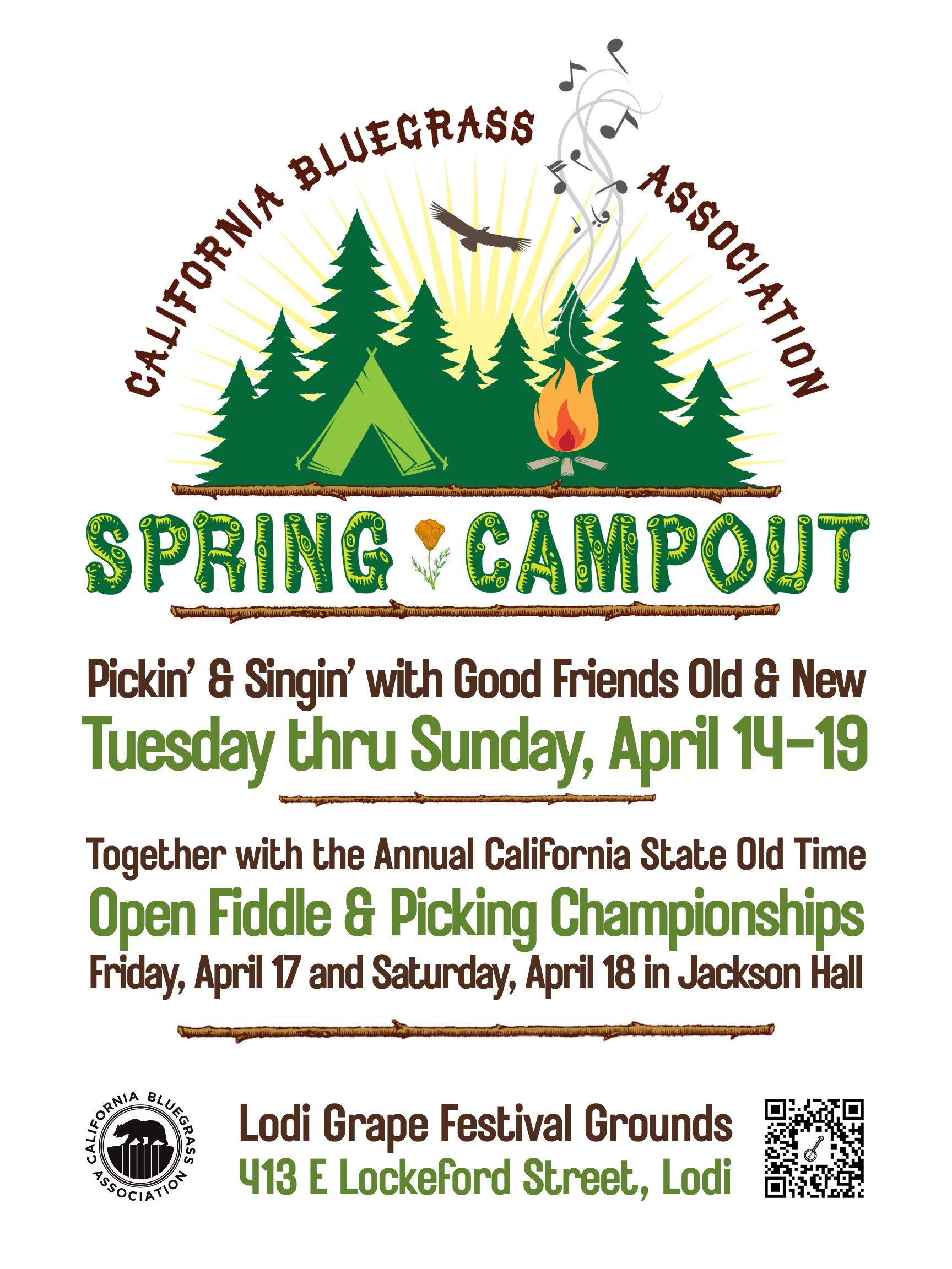 Poster for California Bluegrass Association’s Spring Campout, April 14–19, with music events at Lodi Grape Festival Grounds, 413 E Lockeford Street, Lodi.