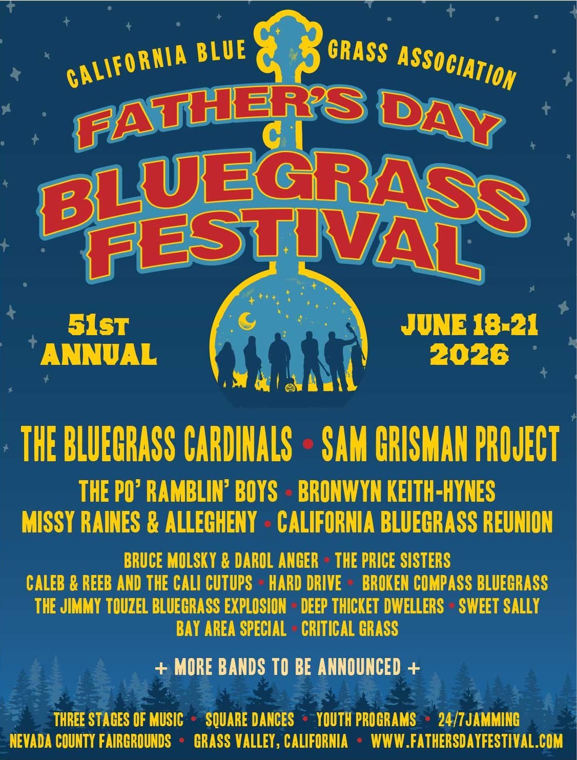 Poster for the 51st Annual Father's Day Bluegrass Festival, June 18-21, 2026, in Grass Valley, CA, featuring The Bluegrass Cardinals, Sam Grisman Project, and more bands.