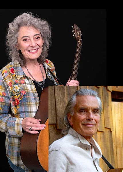 Kallick-Little SMC 2026 An older woman with gray hair holding a guitar, smiling, is pictured above a man with gray hair standing in front of a wooden wall.