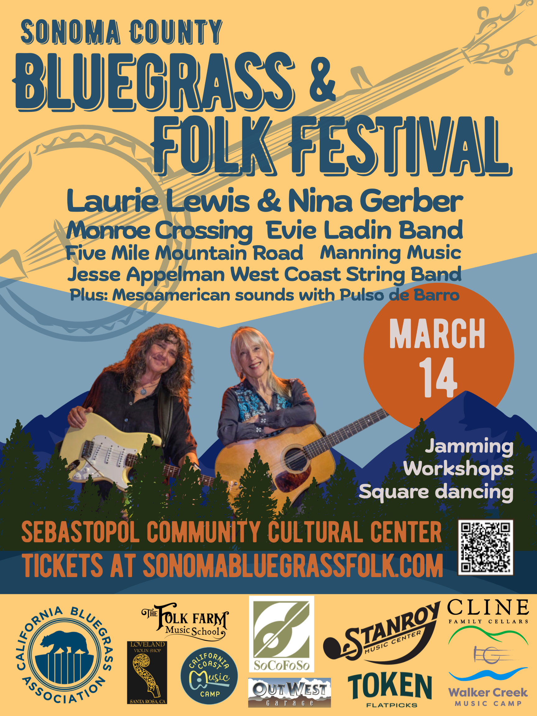 Poster for the Sonoma County Bluegrass & Folk Festival with event details, performer names, date March 14, venue, and logos of sponsors.