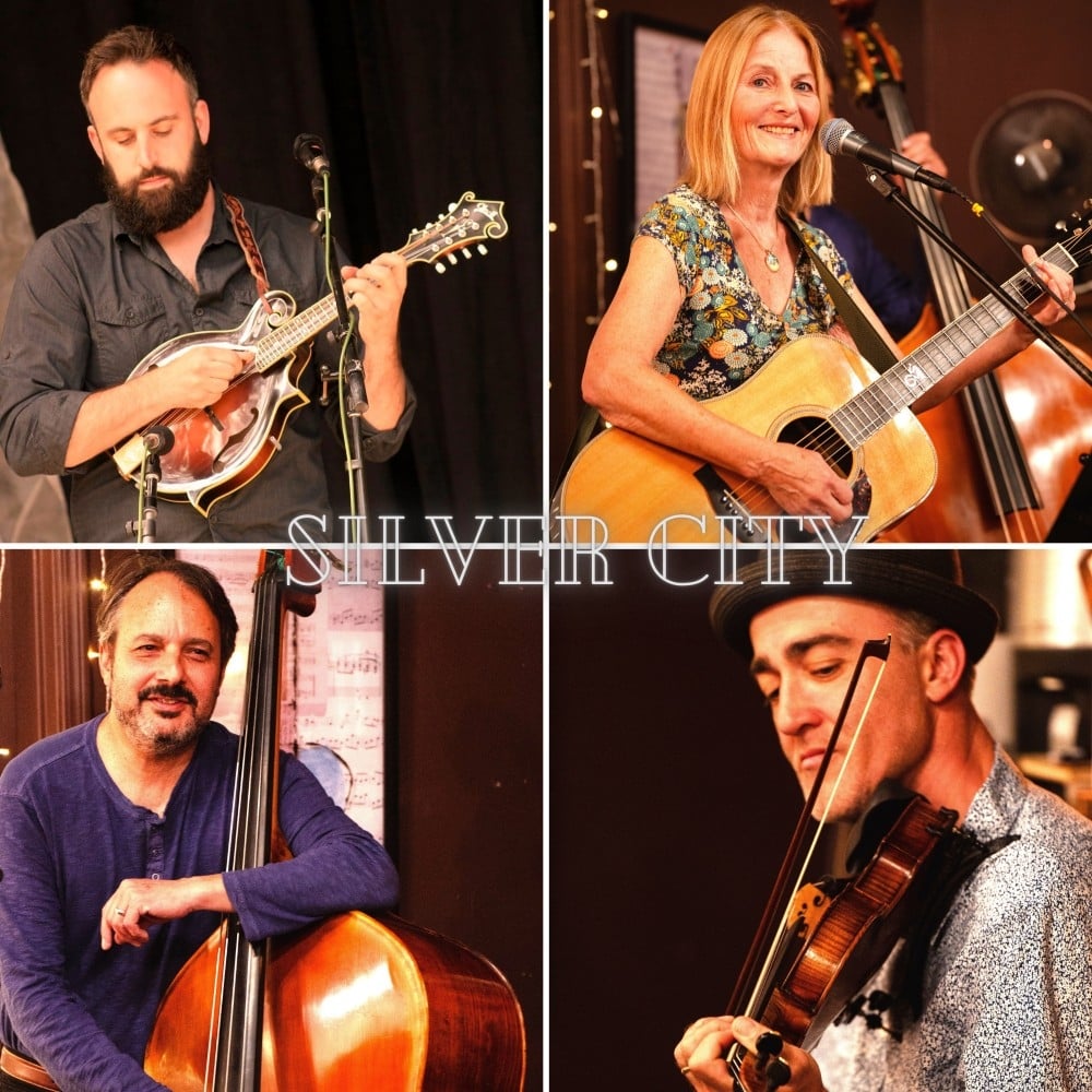 Four musicians playing instruments—mandolin, guitar, double bass, and violin—are shown in separate frames with "SILVER CITY" text overlayed at the center.