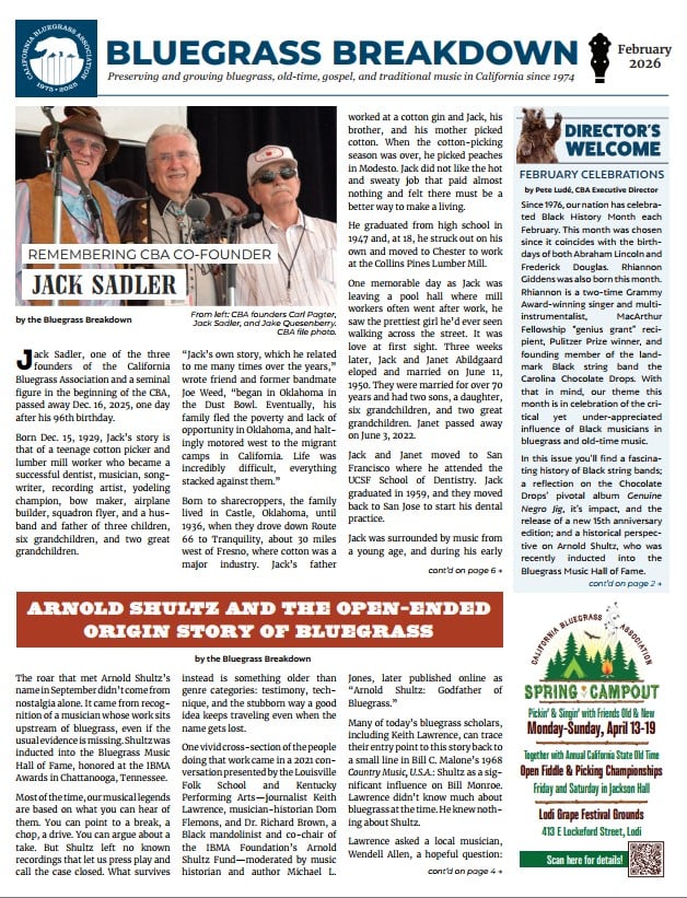 2026-02 Bluegrass Breakdown Front page of a bluegrass newsletter featuring an article remembering CBA co-founder Jack Sadler, an editorial about bluegrass origins, event announcements, and a column from the association president.