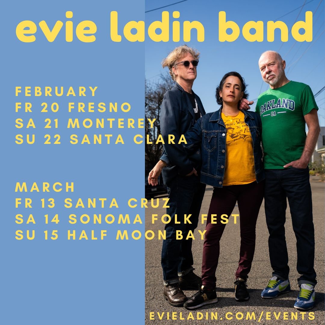 Three members of the Evie Ladin Band stand outdoors; text lists their February and March performance dates and locations, along with a website link for more event details.