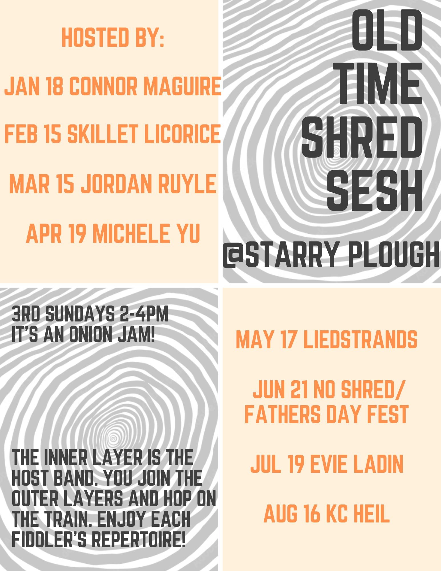 A flyer for "Old Time Shred Sesh" at Starry Plough lists monthly events, featured musicians, and details about jam sessions from January to August.