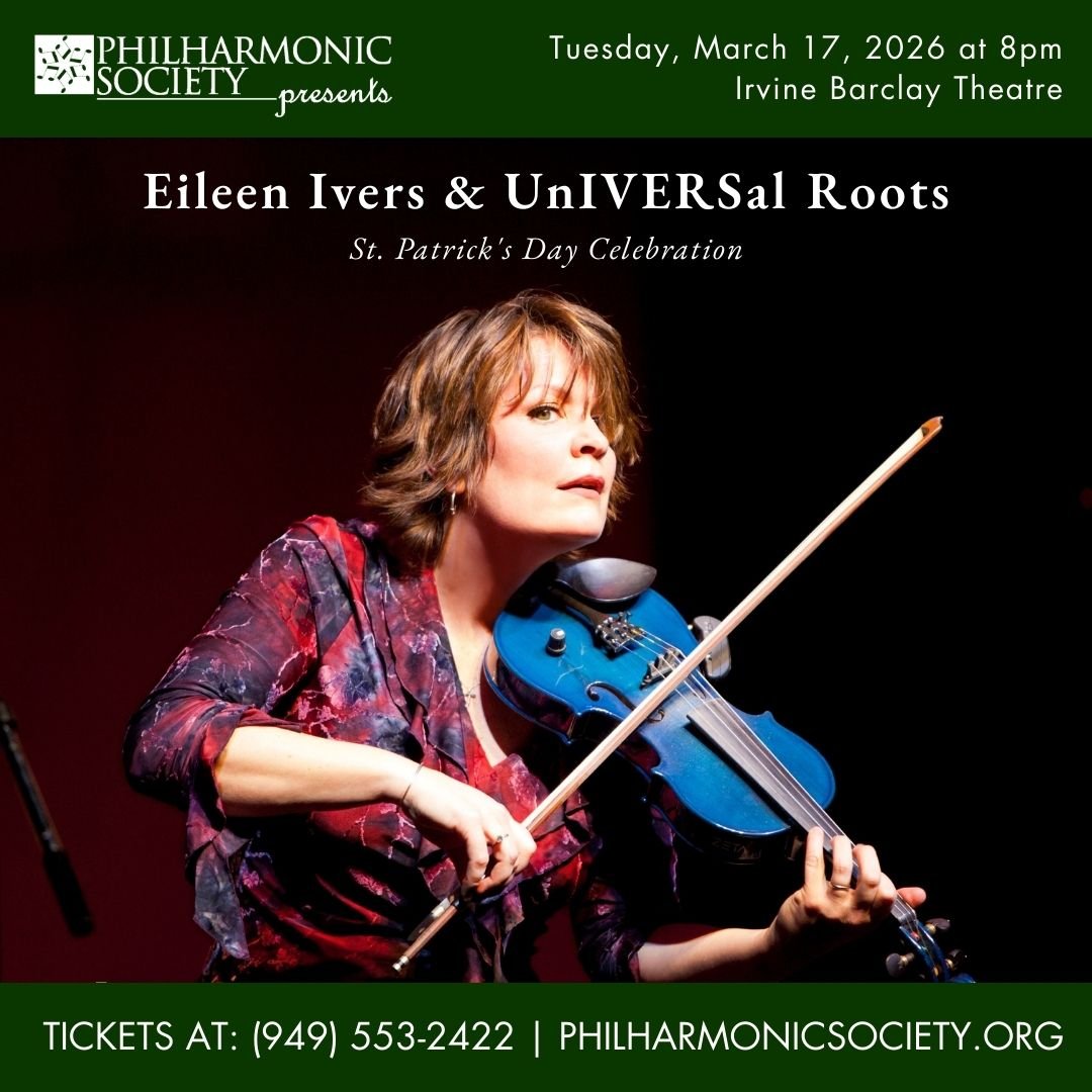 A woman plays a blue violin on stage under spotlights. Event details and ticket information are displayed for a St. Patrick’s Day concert by Eileen Ivers & UnIVERSal Roots.