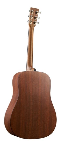 The back view of an acoustic guitar showing a wooden body, neck, and tuning pegs.