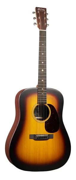 A sunburst acoustic guitar with a dark edge finish, six tuning pegs, and a tortoiseshell-style pickguard.