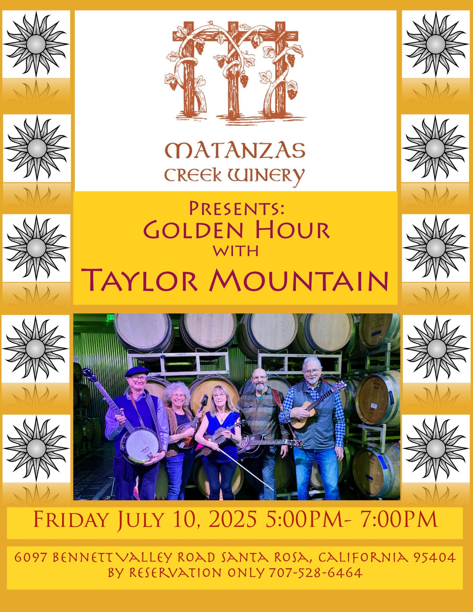 Event poster for Matanzas Creek Winery featuring a band with five musicians and details for a Golden Hour performance by Taylor Mountain on July 10, 2025, from 5–7 PM.