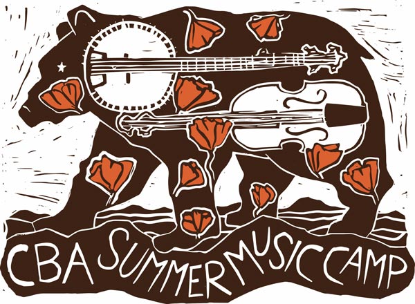 Silhouette of a bear with a banjo and violin inside, surrounded by orange flowers, and text reading "CBA Summer Music Camp" at the bottom.
