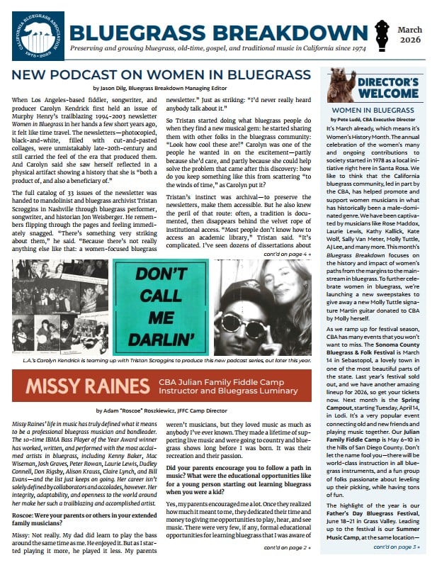 2026-03 Bluegrass Breakdown Front page of a bluegrass newsletter featuring articles on a new women’s podcast, Missy Raines, updates from the Director, and photos of musicians playing instruments.