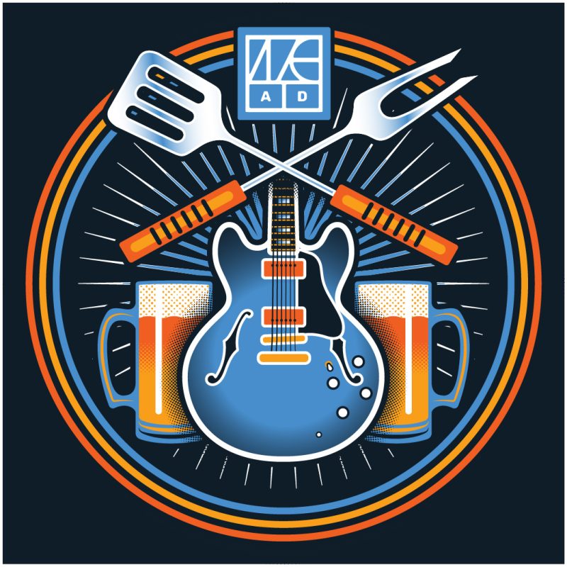 Illustration of an electric guitar, two beer mugs, and crossed grilling utensils with a blue and orange circular design in the background.