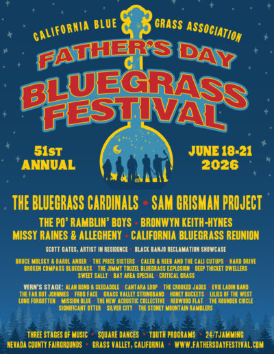 Poster for the Father's Day Bluegrass Festival 2026, listing performers, dates (June 18-21), location (Nevada County Fairgrounds, California), and event details.
