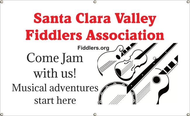 Banner for Santa Clara Valley Fiddlers Association with images of string instruments and text inviting people to join for musical adventures. Website: Fiddlers.org.