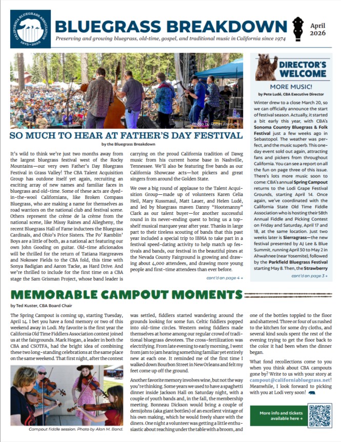 2026-04 Bluegrass Breakdown Front page of a bluegrass music newsletter with articles, photos of musicians performing outdoors, and sections on upcoming events, director’s welcome message, and memorable campout moments.