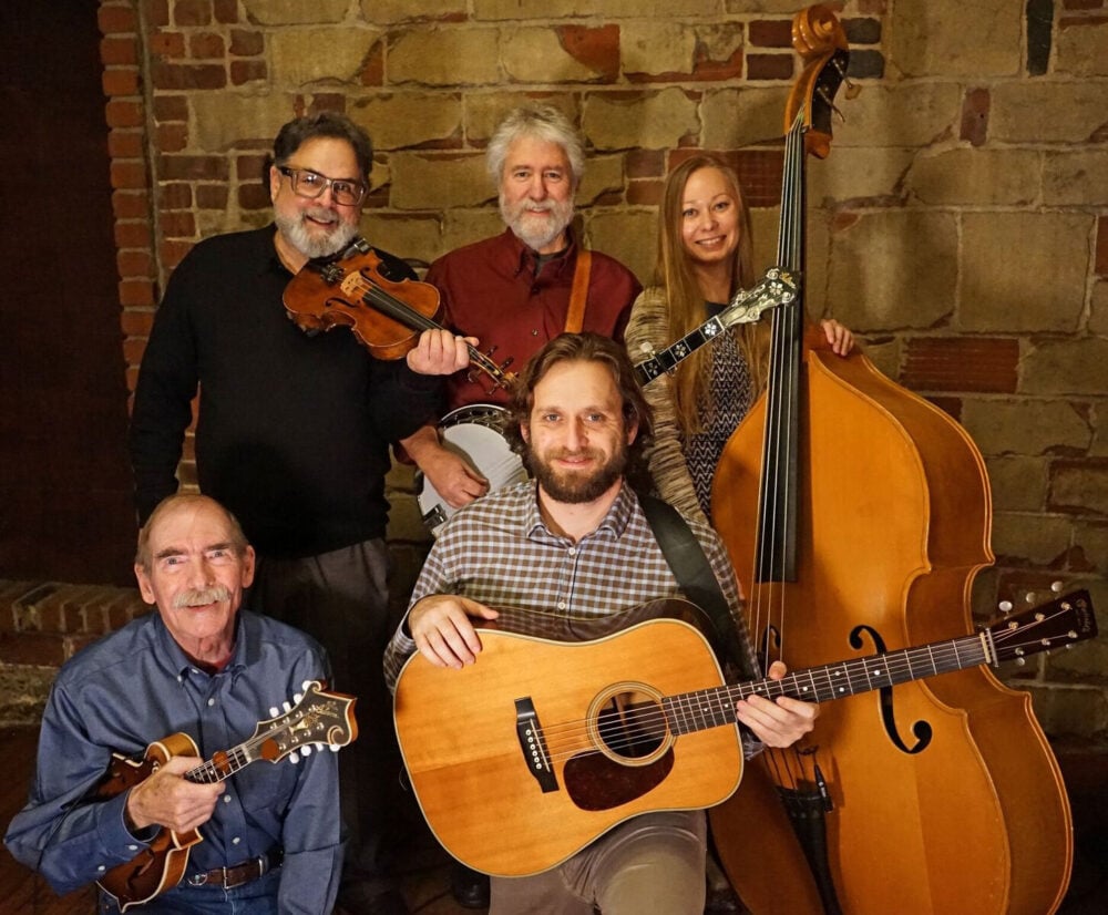 Five people pose indoors with musical instruments, including a mandolin, violin, banjo, acoustic guitar, and double bass, against a brick and stone wall background.