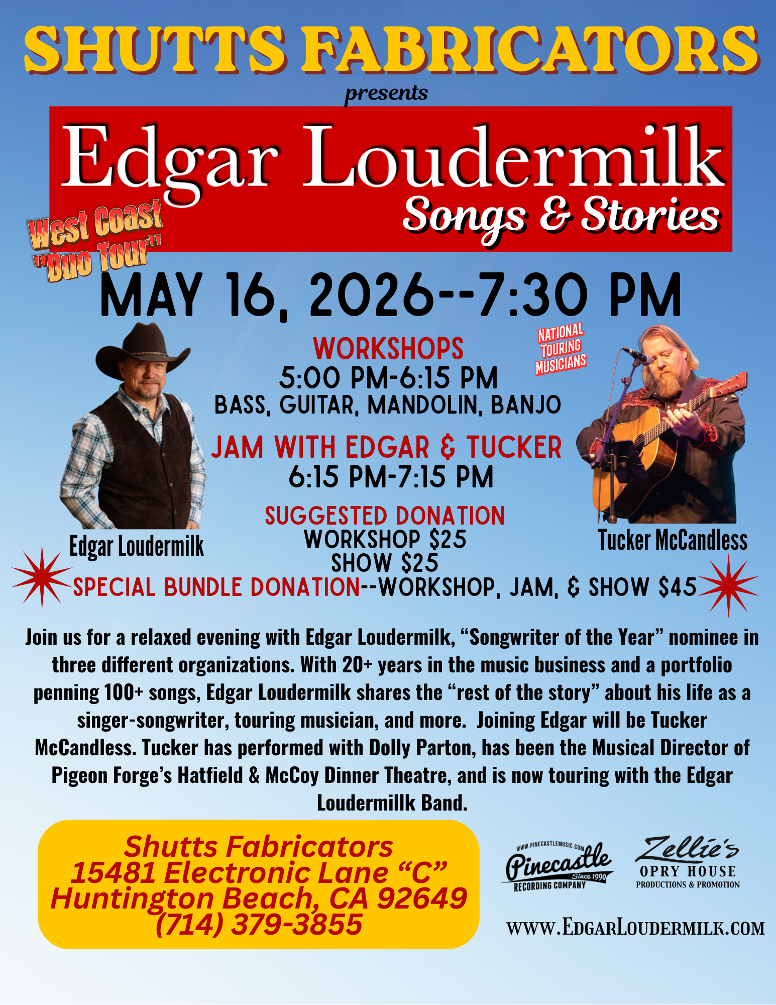 Promotional poster for Edgar Loudermilk’s "Songs & Stories" event with workshops and jam on May 16, 2026, at Shutts Fabricators in Huntington Beach, CA; details and contact info included.