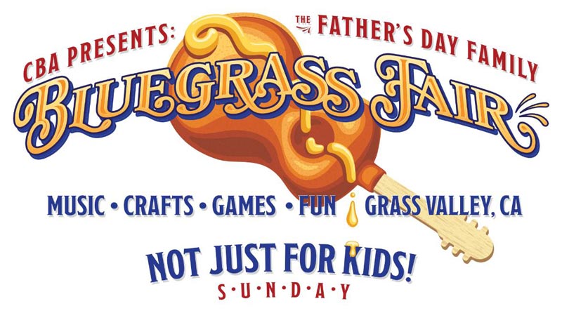 Logo for the Father's Day Family Bluegrass Fair in Grass Valley, CA, featuring a guitar and text promoting music, crafts, games, and fun, emphasizing it's not just for kids.