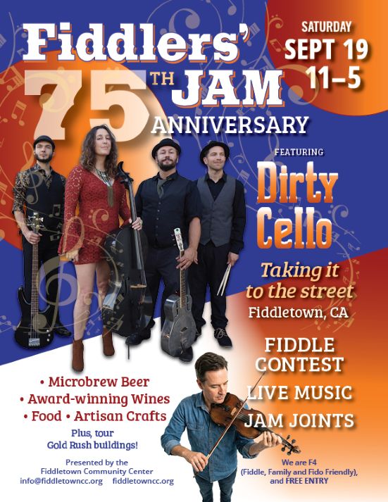 Event poster for the Fiddlers' 75th Jam Anniversary featuring Dirty Cello, event details, live music, food, drinks, artisan crafts, and a fiddle contest.